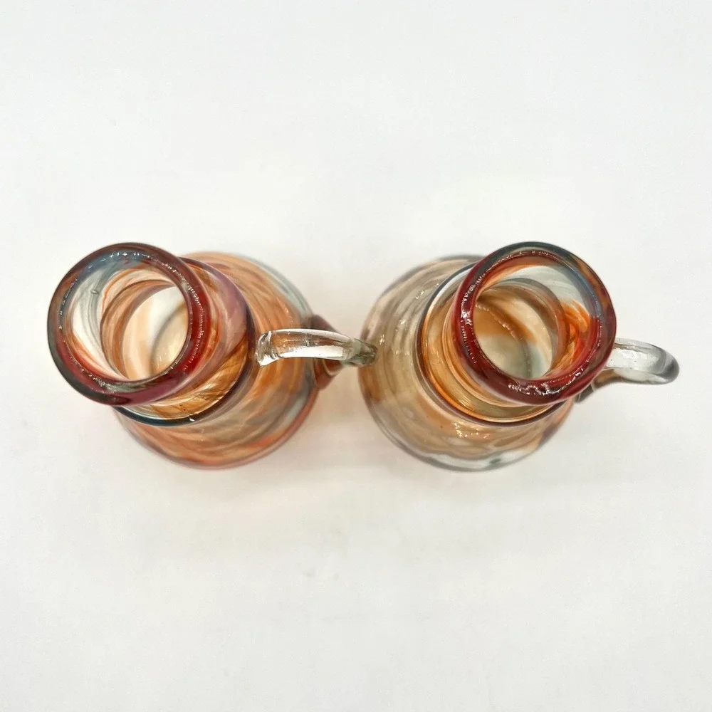 Hand Blown Art Glass Cruet with Applied Handle,‎ Swirl Design, Set of 2